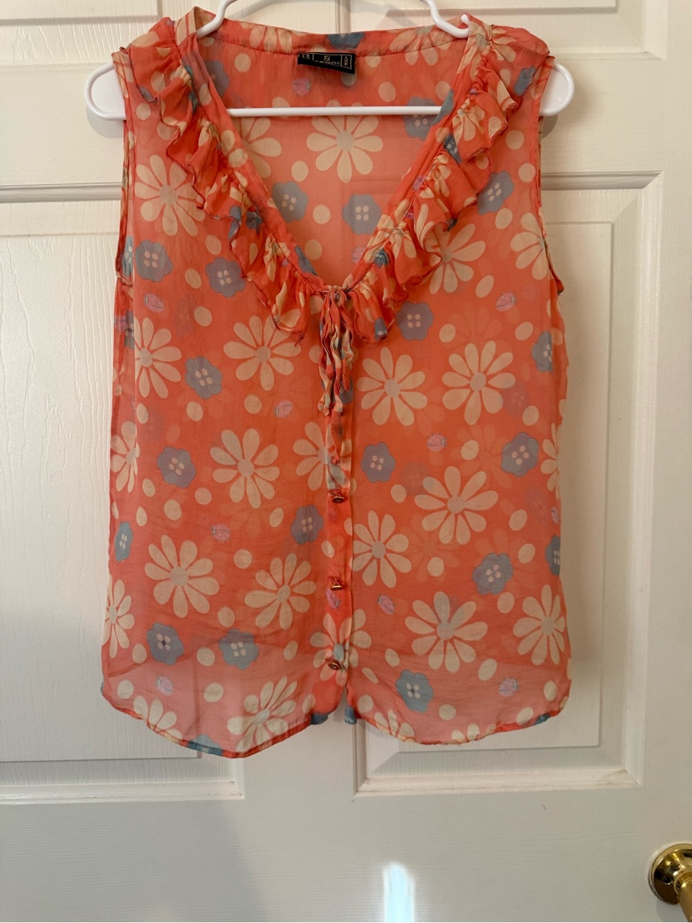 Fendi Coral Floral Ruffle V-Neck Sleeveless Blouse